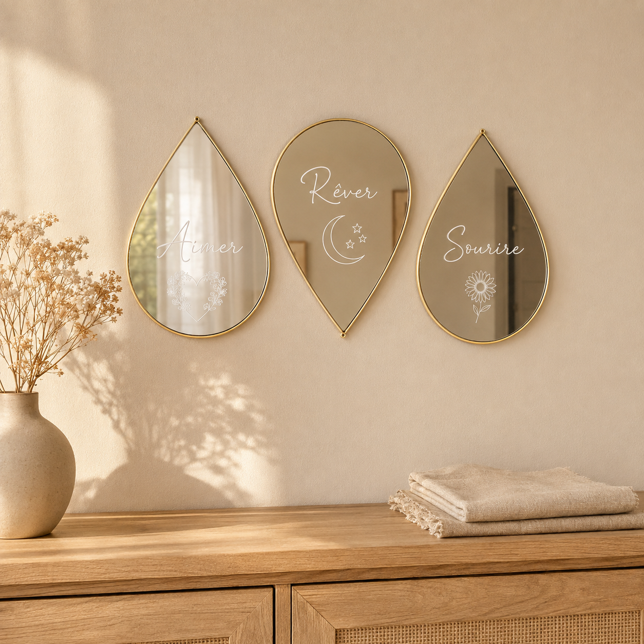 Trio de Miroirs Goutte Dorés Personnalisés