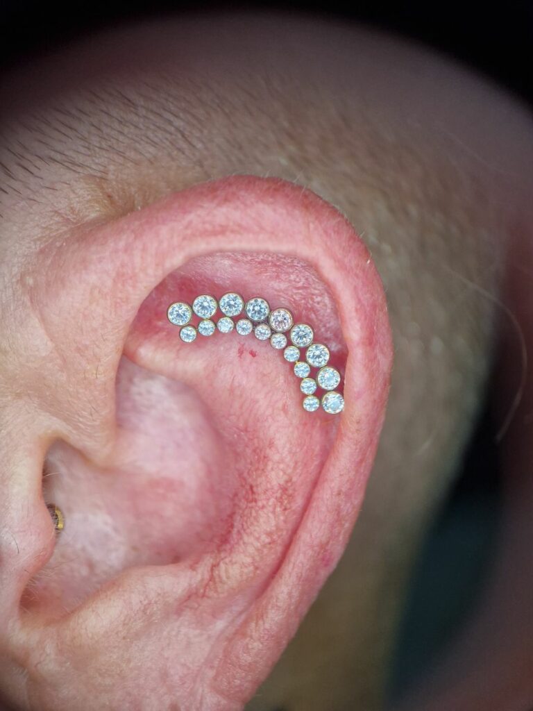 Piercing flat sur le haut de l’oreille avec couronne de zircons, réalisé par Oc Piercing au salon Jolie Piqûre à Arles