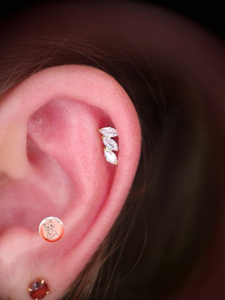 Piercing hélix avec embout doré en feuilles de zircons, réalisé par Oc Piercing au salon Jolie Piqûre à Arles